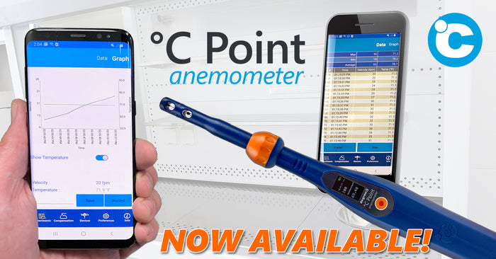 °C Point Anemometer with ± 3% Accuracy! Also features field replaceable sensor head and sends airflow data to your mobile device over Bluetooth.
