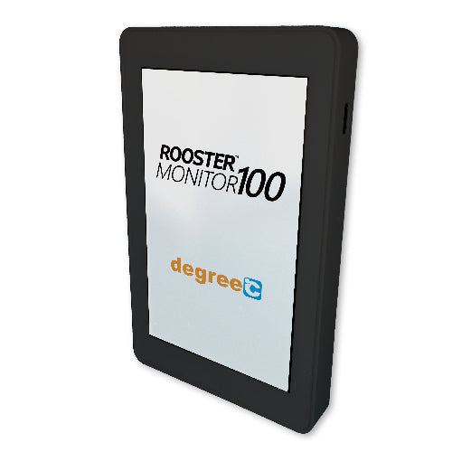 A black Rooster Monitor 100 ventilation monitor by Degree C, shown at a three-quarter angle on a plain white background.


