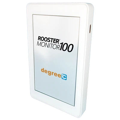 A white Rooster Monitor 100 external monitor by degreeC, shown at a three-quarter angle on a plain white background.