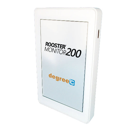 A Degree C Rooster Monitor 200 ventilation alarm with a white casing and a white screen displaying the text 'ROOSTER MONITOR 200' and the 'degree c' logo.
